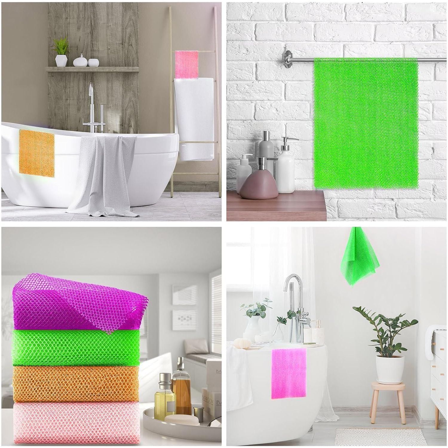 4 Pieces African Net Sponge African Net Long Net Bath Sponge Exfoliating Shower Body Scrubber Back Scrubber Skin Smoother,Great For Daily Use (Purple, Orange, Green, Pink),
