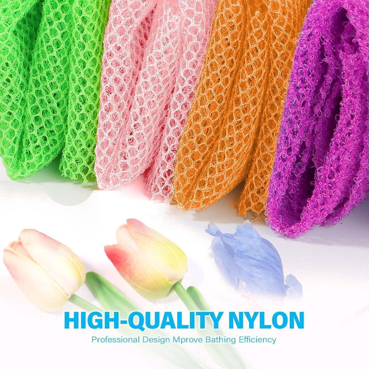4 Pieces African Net Sponge African Net Long Net Bath Sponge Exfoliating Shower Body Scrubber Back Scrubber Skin Smoother,Great For Daily Use (Purple, Orange, Green, Pink),
