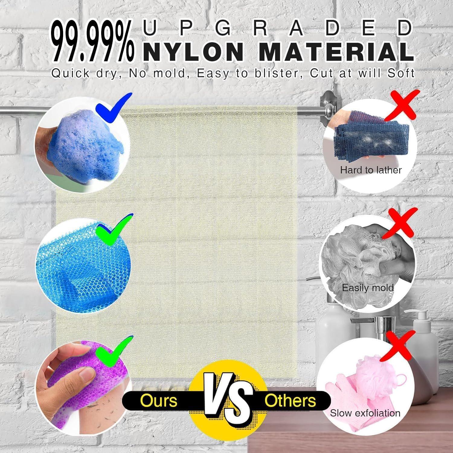 4 Pieces African Exfoliating Net African Net Long Net Bath Sponge Exfoliating Shower Body Scrubber Back Scrubber Skin Smoother,Great For Daily Use (Purple, Blue, Green, White),