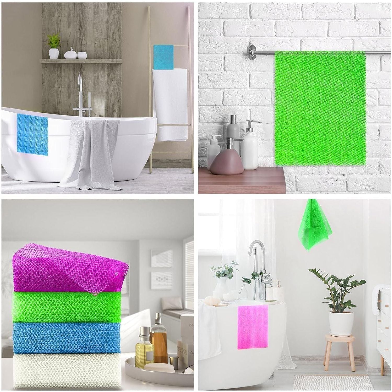 4 Pieces African Exfoliating Net African Net Long Net Bath Sponge Exfoliating Shower Body Scrubber Back Scrubber Skin Smoother,Great For Daily Use (Purple, Blue, Green, White),