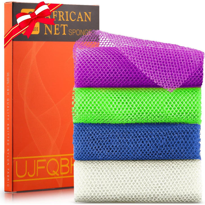 4-Piece African Exfoliating Net, Long Bath Sponge, Shower Body Scrubber, Skin Smoother, Purple, Blue, Green, White