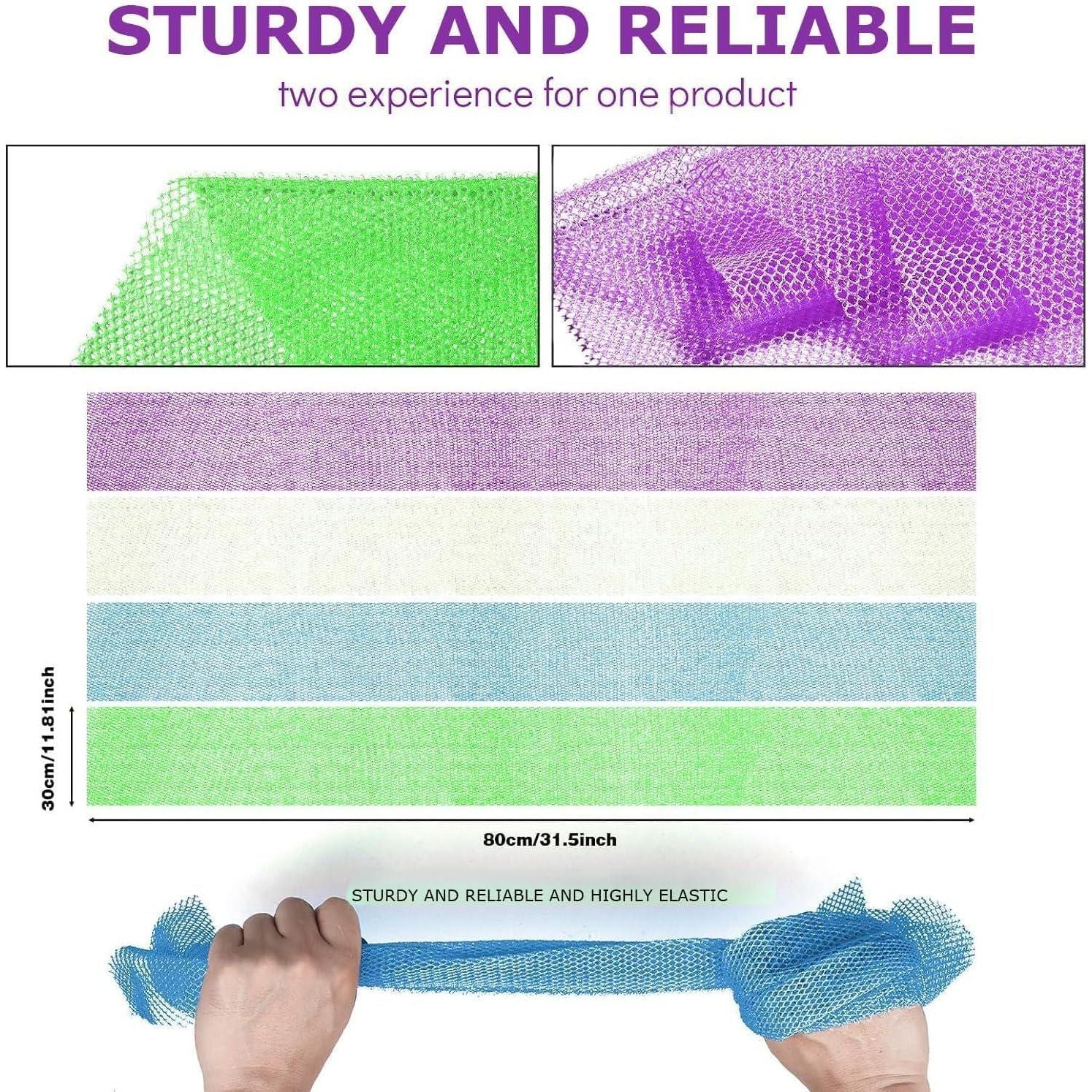 4 Pieces African Exfoliating Net African Net Long Net Bath Sponge Exfoliating Shower Body Scrubber Back Scrubber Skin Smoother,Great For Daily Use (Purple, Blue, Green, White),
