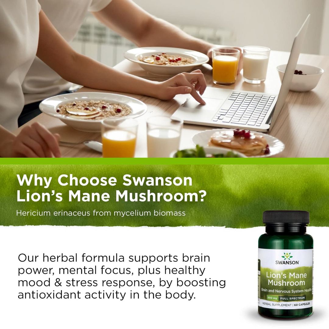 Swanson Lion's Mane Mushroom 500mg 60 Veg Capsules,087614110967