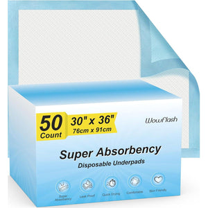 Wowflash 50 Count 30 X 36 Super Absorbency Disposable Underpads, Leakproof Quick Drying, Baby Puppy And Adults Bed Pads Disposable Adults, Dog Pee Pads Extra Large, XXL Incontinence Pads