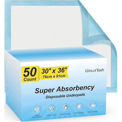 Wowflash 50 Count 30 X 36 Super Absorbency Disposable Underpads, Leakproof Quick Drying, Baby Puppy And Adults Bed Pads Disposable Adults, Dog Pee Pads Extra Large, XXL Incontinence Pads