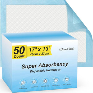 Wowflash 50-Count Super Absorbency Disposable Underpads, Leakproof & Quick-Drying, Baby & Adult Changing Pads, 17x13 in