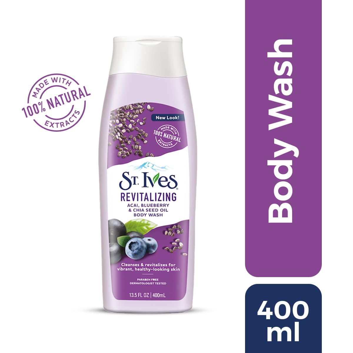 St. Ives Revitalizing Acai, Blueberry & Chia Seed Oil Body Wash 400ml,077043000236,