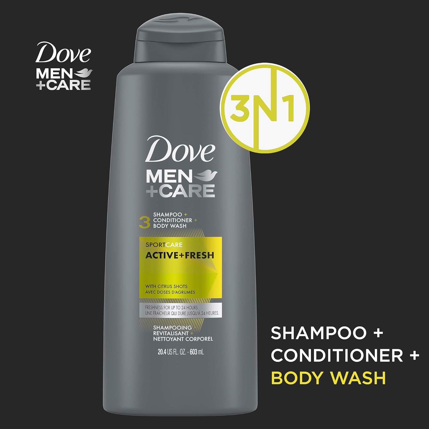 Dove Men +Care Sport Care Active + Fresh 3-In-1 Shampoo, Conditioner & Body Wash 603ml,079400461650,