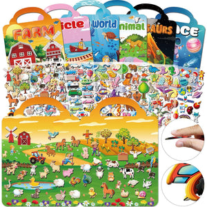 6?Set Puffy Sticker Books, 3D Reusable, Farm, Dinosaur, Ocean & Space Themes, Kids Ages 2–4 Activity Toys