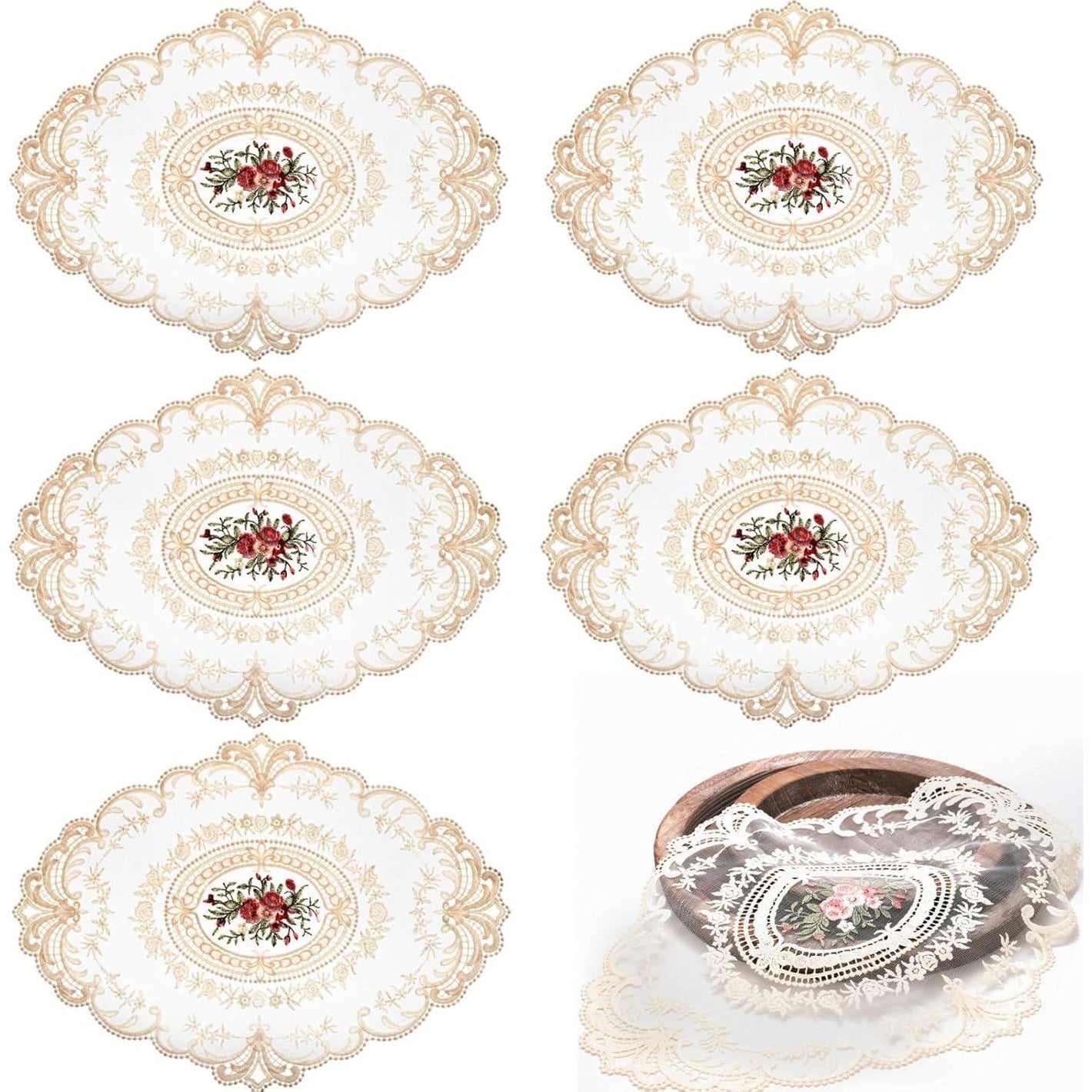 6 Pack Retro French Style Lace Placemats, Embroidered Crochet Lace Placemats, Victorian Decor Cup Mat For Coquette Room Decor, Vintage Room Decor, French Country Decor, 12''x16'', Beige, Oval,