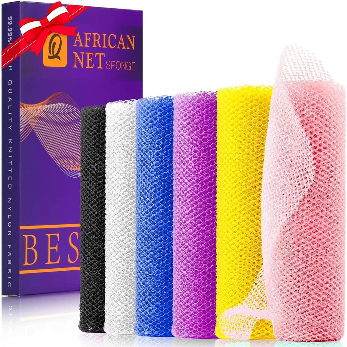 6 Pieces African Bath Sponge African Net Long Net Bath Sponge Exfoliating Shower Body Scrubber Back Scrubber Skin Smoother,Great For Daily Use (Pink, Yellow, Purple, Blue, Black, Off-White),