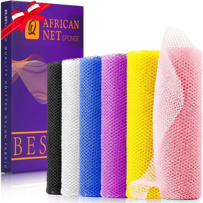6 Pieces African Bath Sponge African Net Long Net Bath Sponge Exfoliating Shower Body Scrubber Back Scrubber Skin Smoother,Great For Daily Use (Pink, Yellow, Purple, Blue, Black, Off-White),