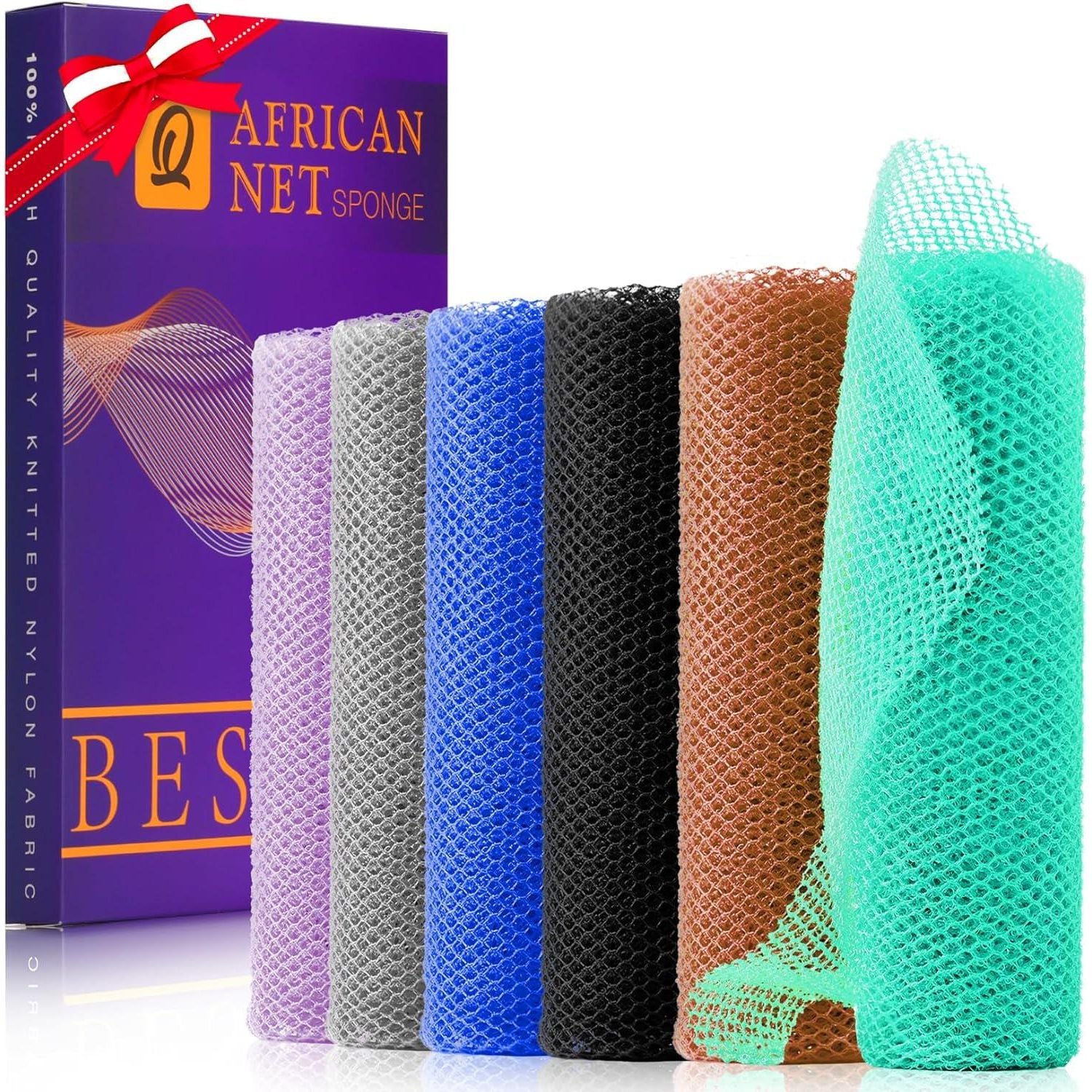 6 Pieces African Bath Sponge African Net Long Net Bath Sponge Exfoliating Shower Body Scrubber Back Scrubber Skin Smoother,Great For Daily Use (Purple, Gray, Blue, Black, Brown, Green),
