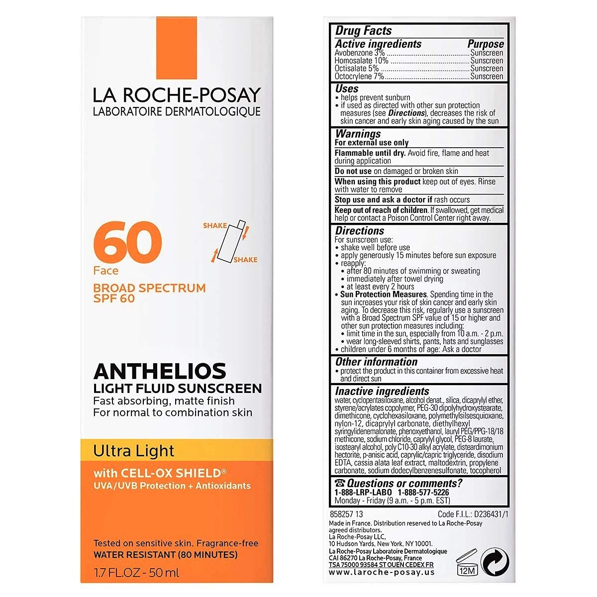 La Roche-Posay Anthelios SPF 60 Ultra Light Fluid Sunscreen 50ml,883140012993