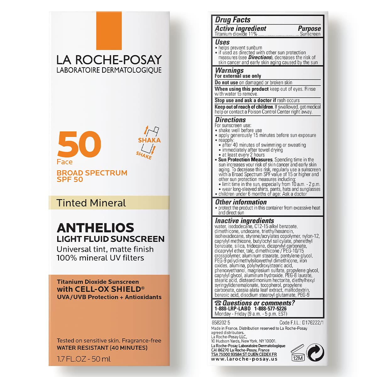 La Roche-Posay Anthelios SPF 50 Tinted Mineral Light Fluid Sunscreen 50ml back ingredients  uses 