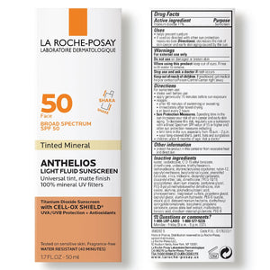 La Roche-Posay Anthelios SPF 50 Tinted Mineral Light Fluid Sunscreen 50ml back ingredients  uses 