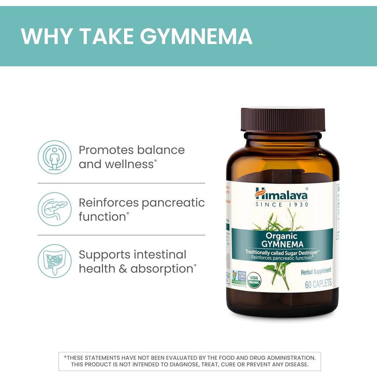 Himalaya Organic Gymnema For Pancreatic Function 60 Caplets,605069418010,