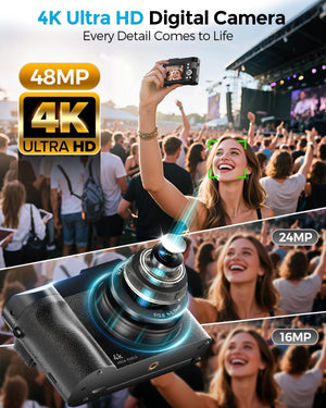 4K Digital Camera for Photography- 48MP Autofocus Vlogging Camera with 2.8" 180° Flip Screen, 16X Digital Zoom- Compact Point and Shoot Camera with 64GB SD for YouTube, Travel, Beginners