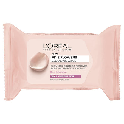 L'Oreal Paris Skin Expert Fine Flowers Rose & Jasmine Cleansing Wipes 25 Count,3600523457991,