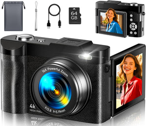 4K Digital Camera for Photography- 48MP Autofocus Vlogging Camera with 2.8" 180° Flip Screen, 16X Digital Zoom- Compact Point and Shoot Camera with 64GB SD for YouTube, Travel, Beginners