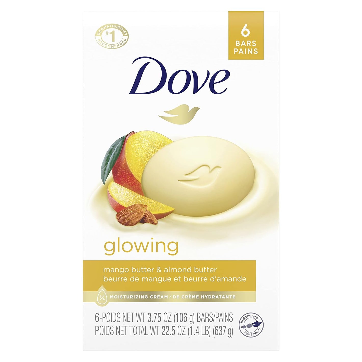 Dove Beauty Bar Glowing Mango Butter & Almond Butter Soap (Pack Of 6) 106g Each,011111016347,