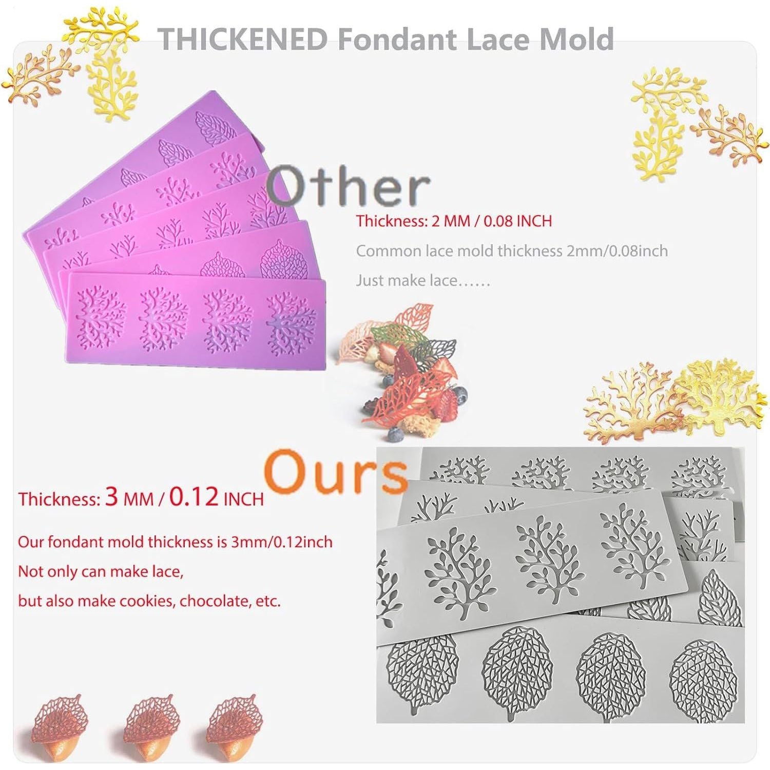 7Pcs Leaf Molds Silicone Fondant Molds With Dough Scraper Silicone Spatula, 3D Coral Branch Leaf Chocolate Molds, Silicone Molds For Baking, Sugar Craft, Wax, Gum Paste, Cupcakes, Clay,