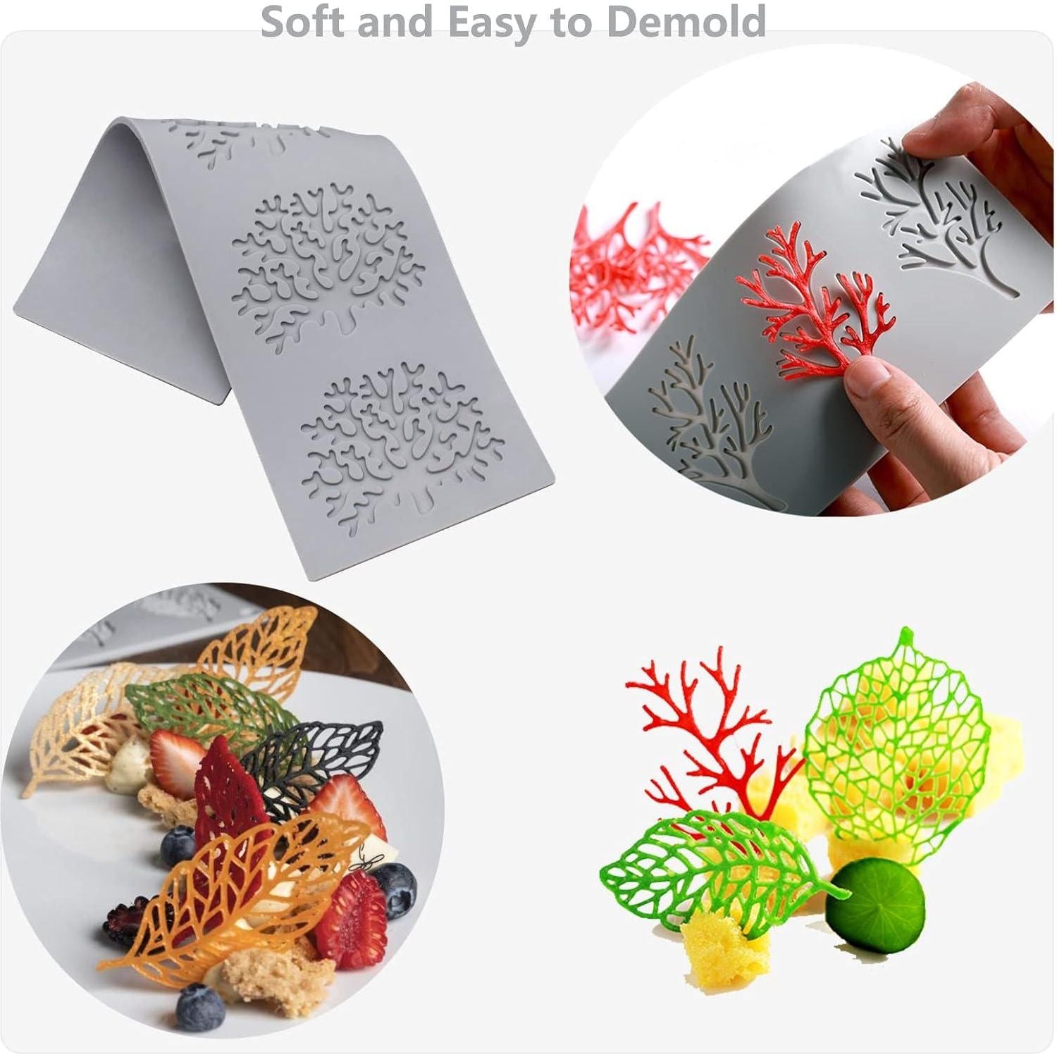 7Pcs Leaf Molds Silicone Fondant Molds With Dough Scraper Silicone Spatula, 3D Coral Branch Leaf Chocolate Molds, Silicone Molds For Baking, Sugar Craft, Wax, Gum Paste, Cupcakes, Clay,