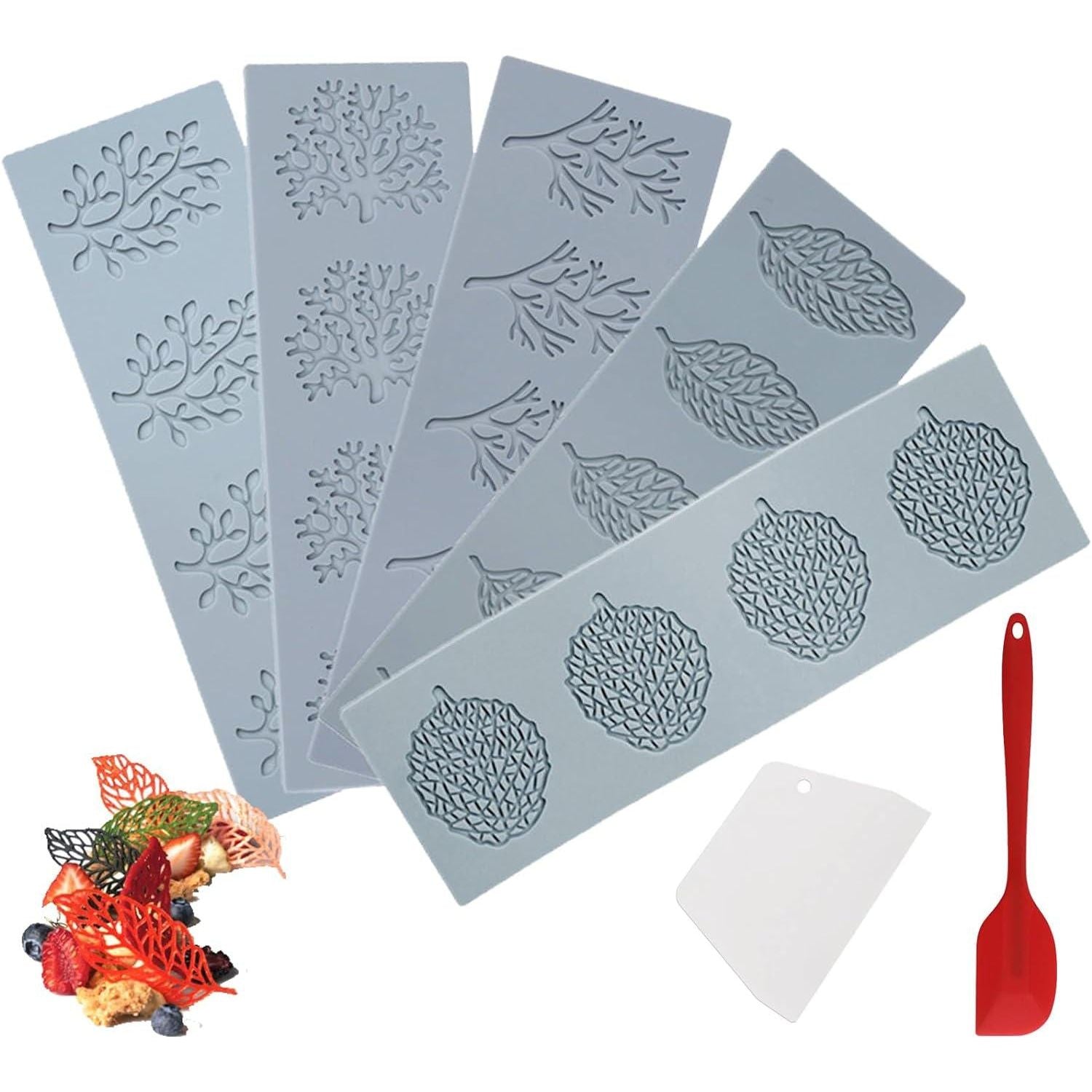 7Pcs Leaf Molds Silicone Fondant Molds With Dough Scraper Silicone Spatula, 3D Coral Branch Leaf Chocolate Molds, Silicone Molds For Baking, Sugar Craft, Wax, Gum Paste, Cupcakes, Clay,