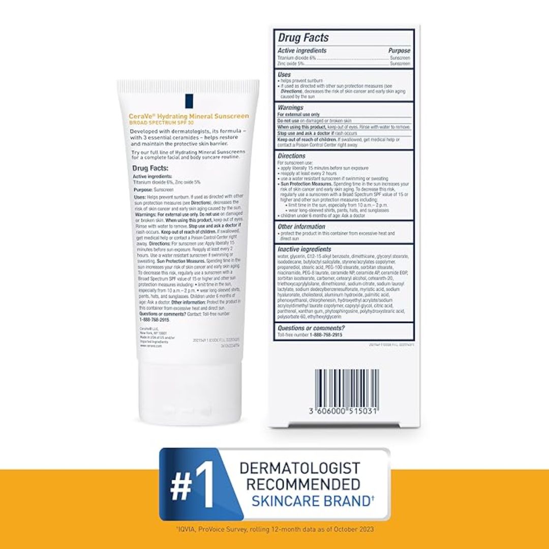 CeraVe SPF 30 Hydrating Mineral Face Sunscreen For Sensitive Skin 75ml,3606000515031