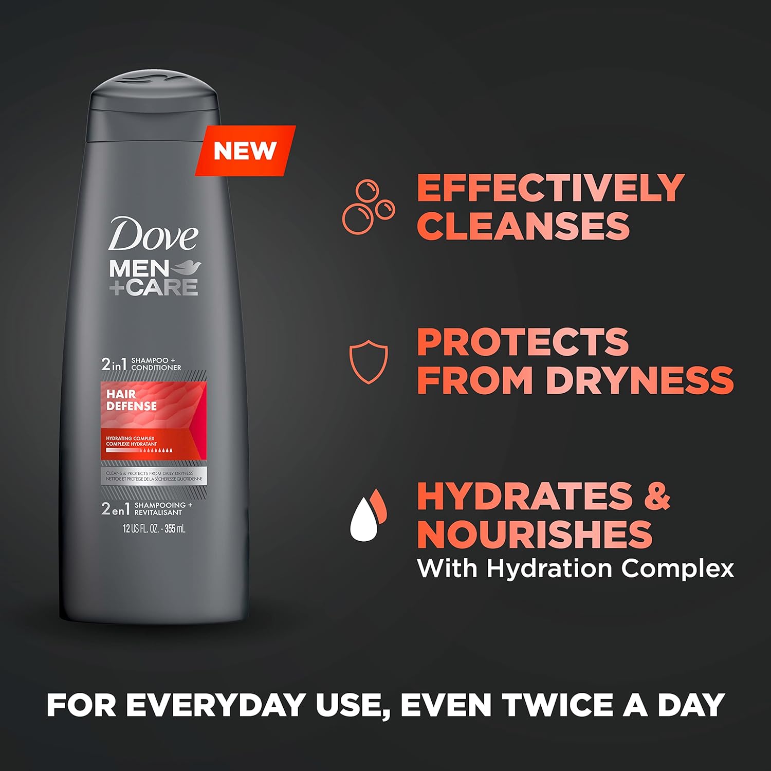 Dove Men +Care Hair Defense 2-In-1 Shampoo + Conditioner 355ml,079400479907,