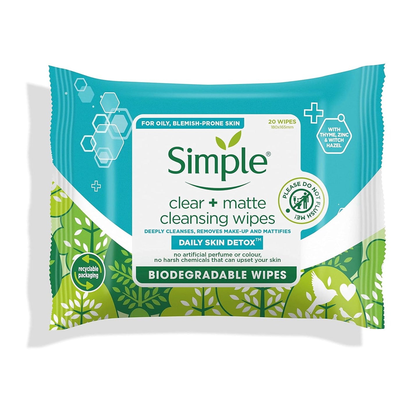 Simple Daily Skin Detox Biodegradable Clear + Matte Cleansing Wipes 20 Count,8710847959264,