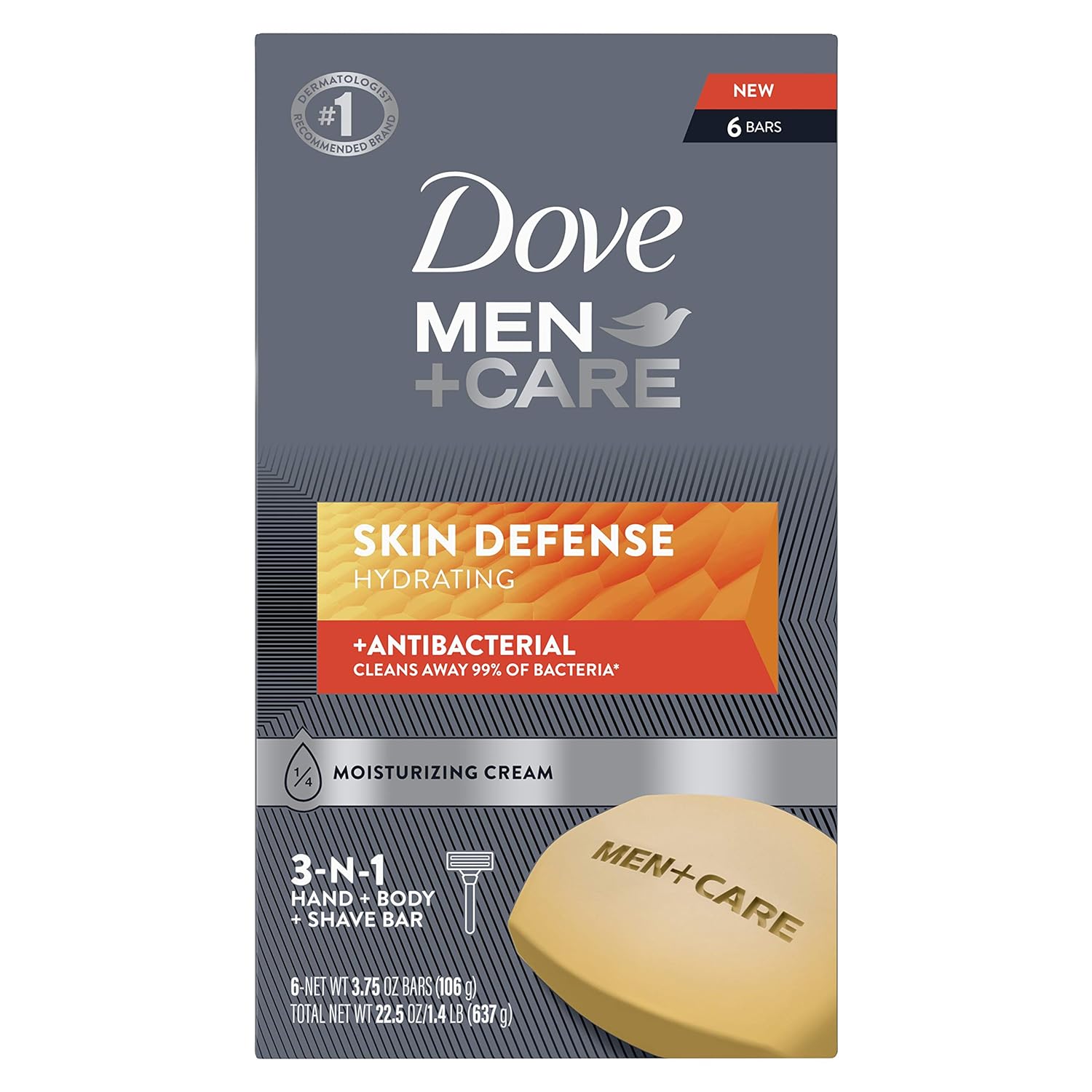 Dove Men +Care Skin Defense Antibacterial Hydrating 3-In-1 Bar Soap (Pack Of 6) 106g Each,011111025868,
