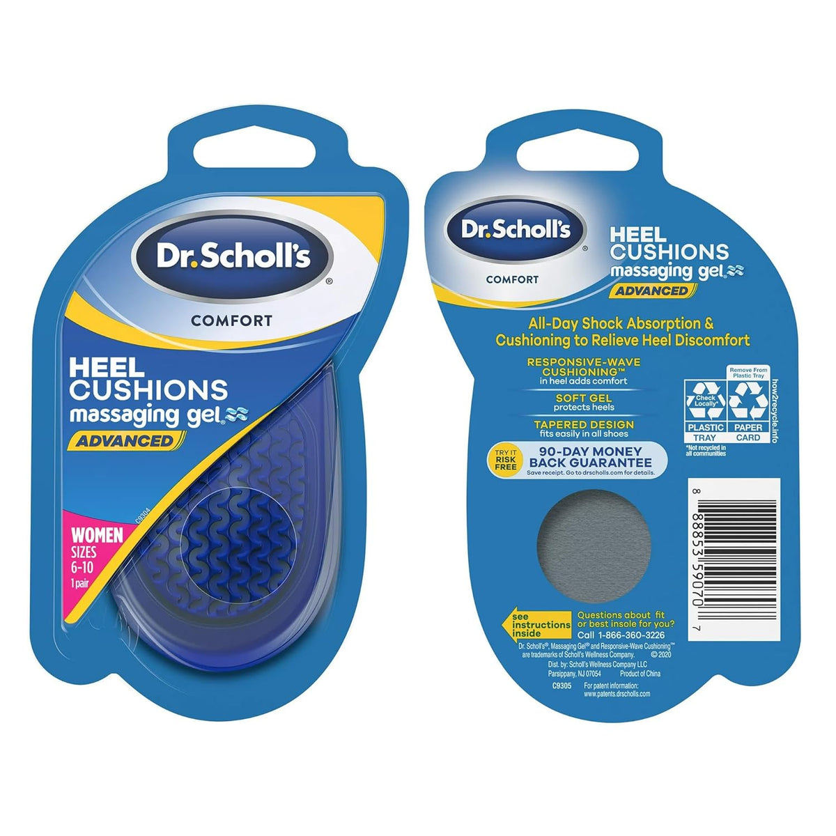 Dr. Scholl's Comfort Heel Cushions Advanced Massaging Gel Insoles 1 Pair (Women's 6-10),888853590707,