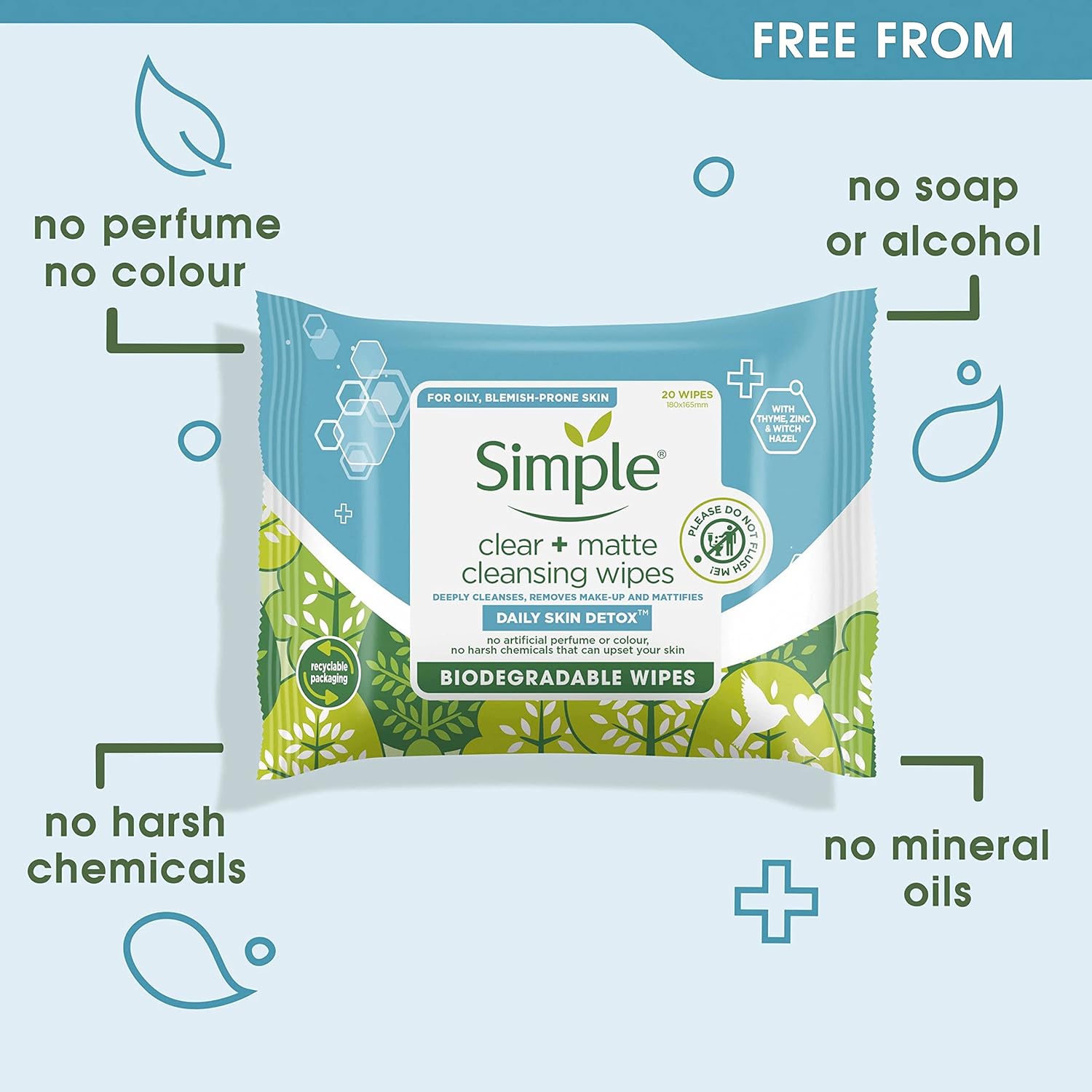 Simple Daily Skin Detox Biodegradable Clear + Matte Cleansing Wipes 20 Count,8710847959264,