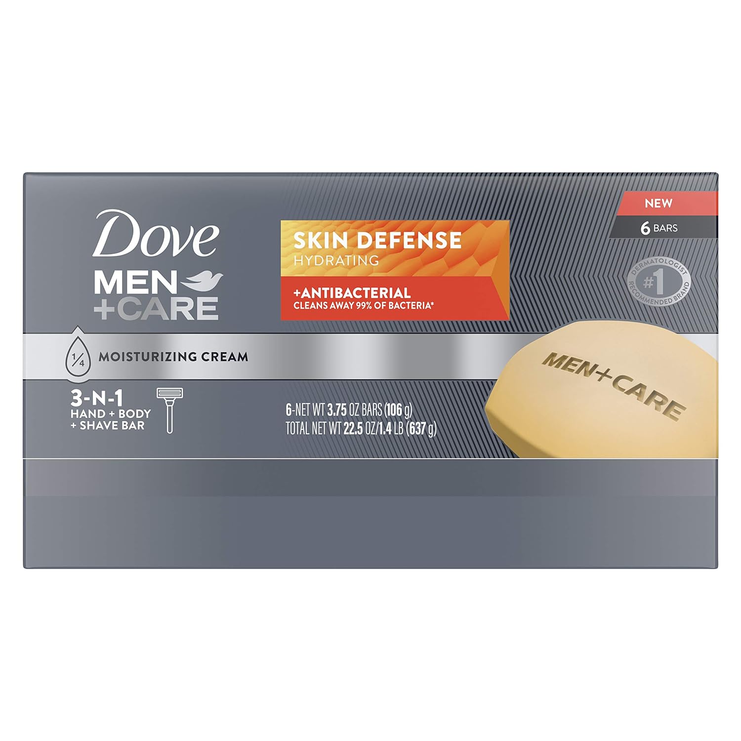 Dove Men +Care Skin Defense Antibacterial Hydrating 3-In-1 Bar Soap (Pack Of 6) 106g Each,011111025868,