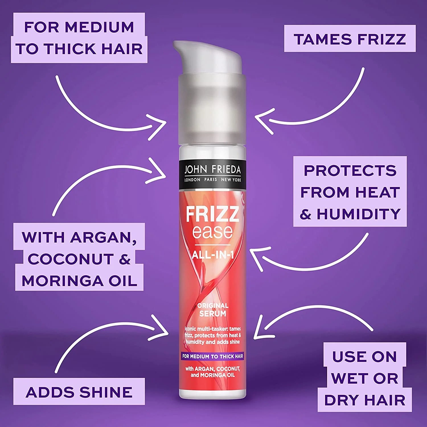 John Frieda Frizz Ease Argan, Coconut & Moringa Oil All in 1 Original Serum 50ml,5037156201994,