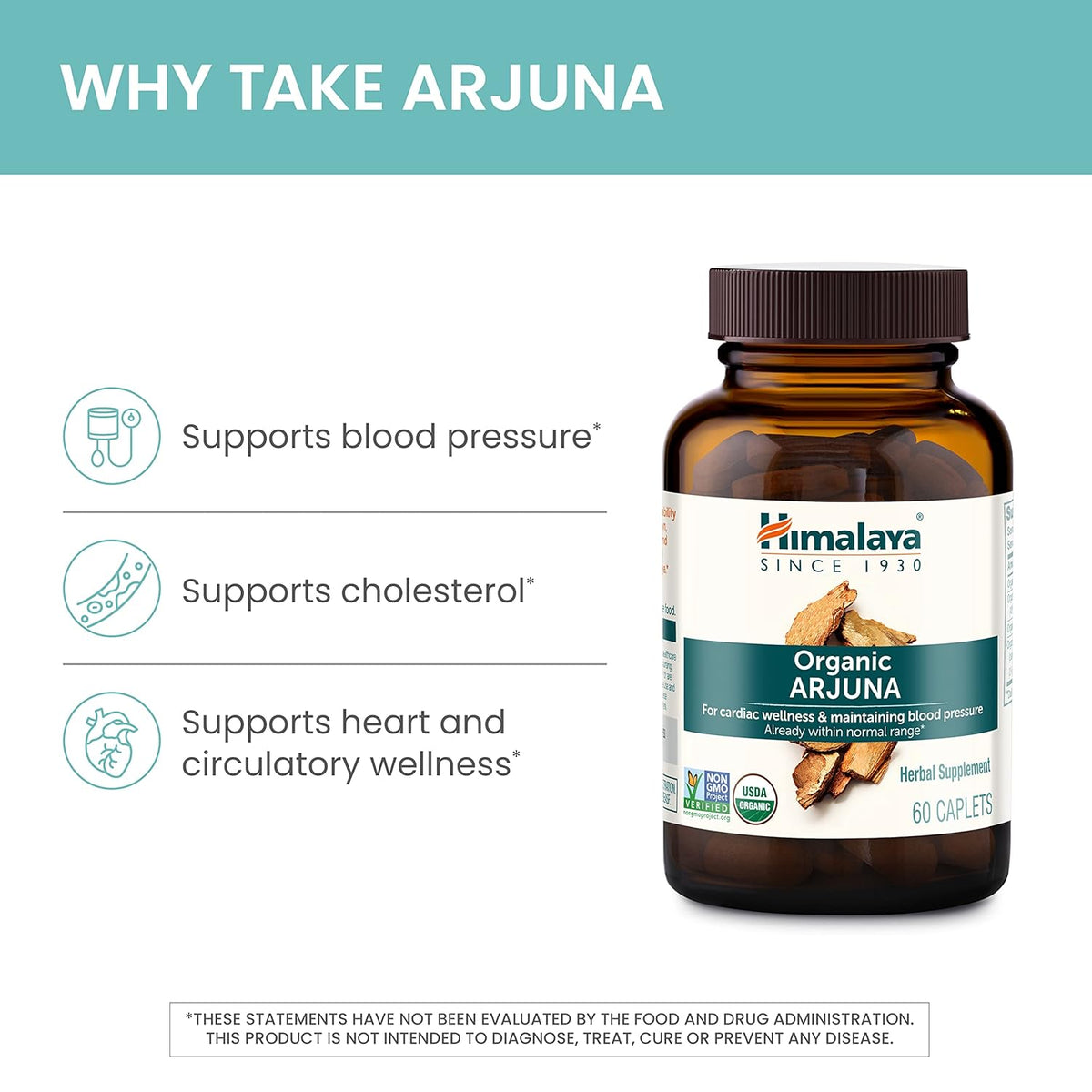 Himalaya Organic Arjuna For Cardiac Wellness & Maintaining Blood Pressure 60 Caplets,605069413015