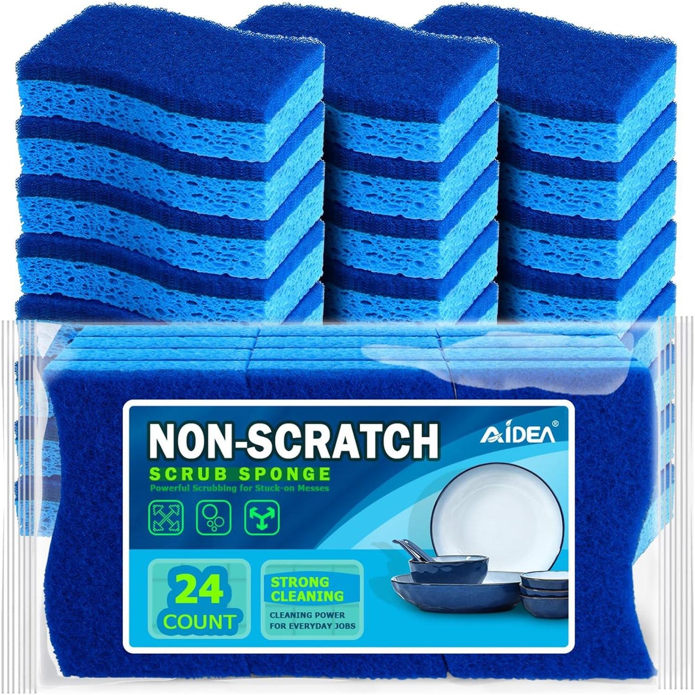 Aidea Non-Scratch Scrub Sponge, 24 Count, Sponges for Dishes & Kitchen Cleaning, Cleans Fast Without Scratching, Stands Up to Stuck-On Grime