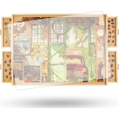 All4JIG 1500 Piece Puzzle Board Rotating 25 x 34 Inch Wooden Puzzle Table with Drawers and Cover