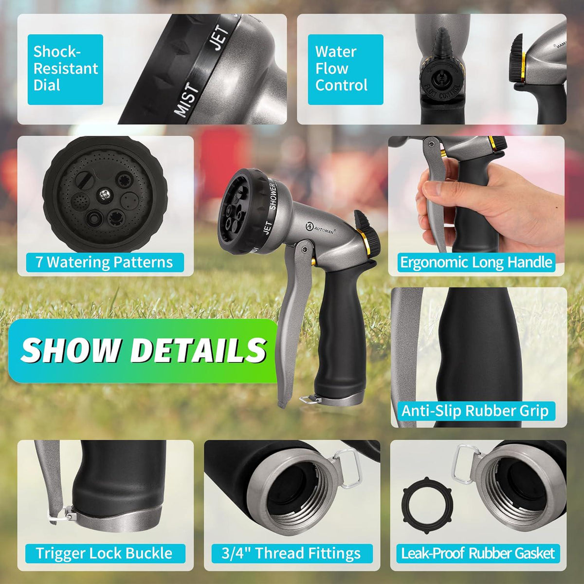AUTOMAN Garden Hose Nozzle -2 Pack, 100% Metal High Pressure Spray Nozzle, Labor-Saving Design, Heavy Duty Water Hose Nozzle For Garden Watering, Car Washing, Window Cleaning,Pets Bathing,