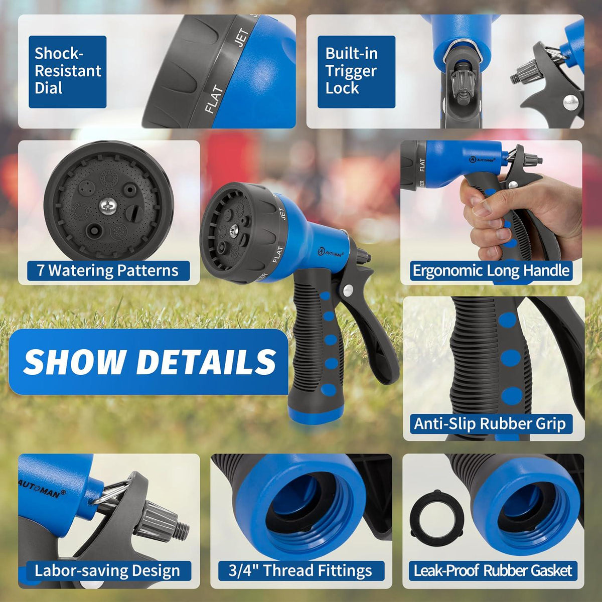 AUTOMAN-Garden-Hose-Nozzle,ABS Water Spray Nozzle With Heavy Duty 7 Adjustable Watering Patterns,Slip Resistant For Watering Plants,Lawn& Garden,Washing Cars,Cleaning,Showering Pets - Blue,