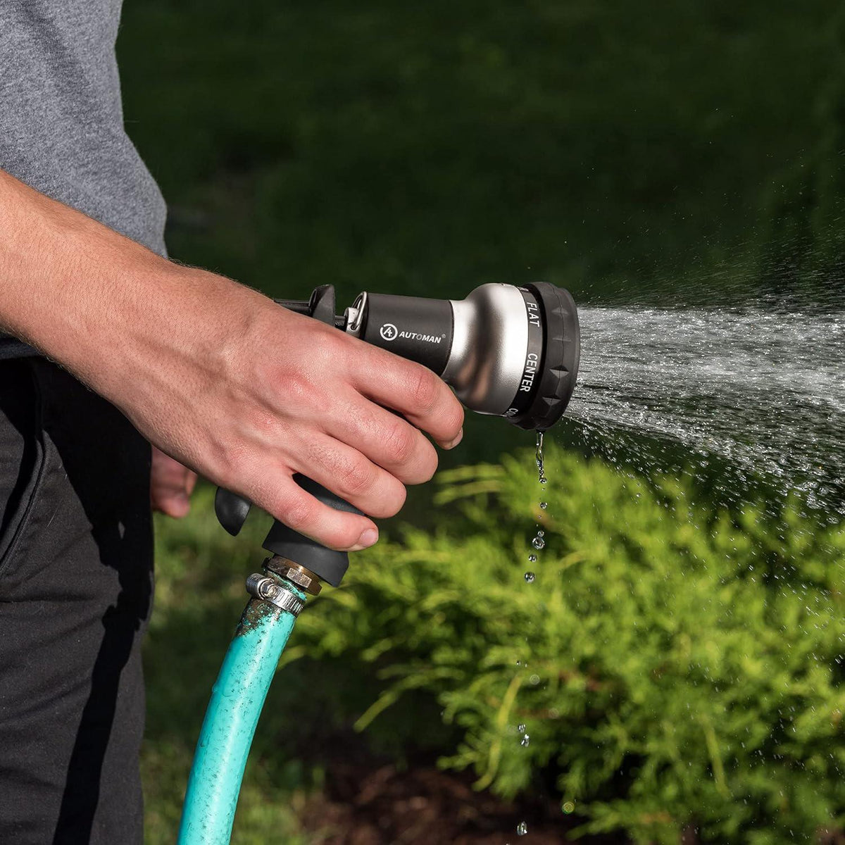 AUTOMAN-Garden-Hose-Nozzle, ABS Water Spray Nozzle, 7 Adjustable Watering Patterns, Slip Resistant For Watering Plants, Lawn& Garden, Washing Cars, Cleaning, Showering Pets And Outdoor Fun.Silver Color,