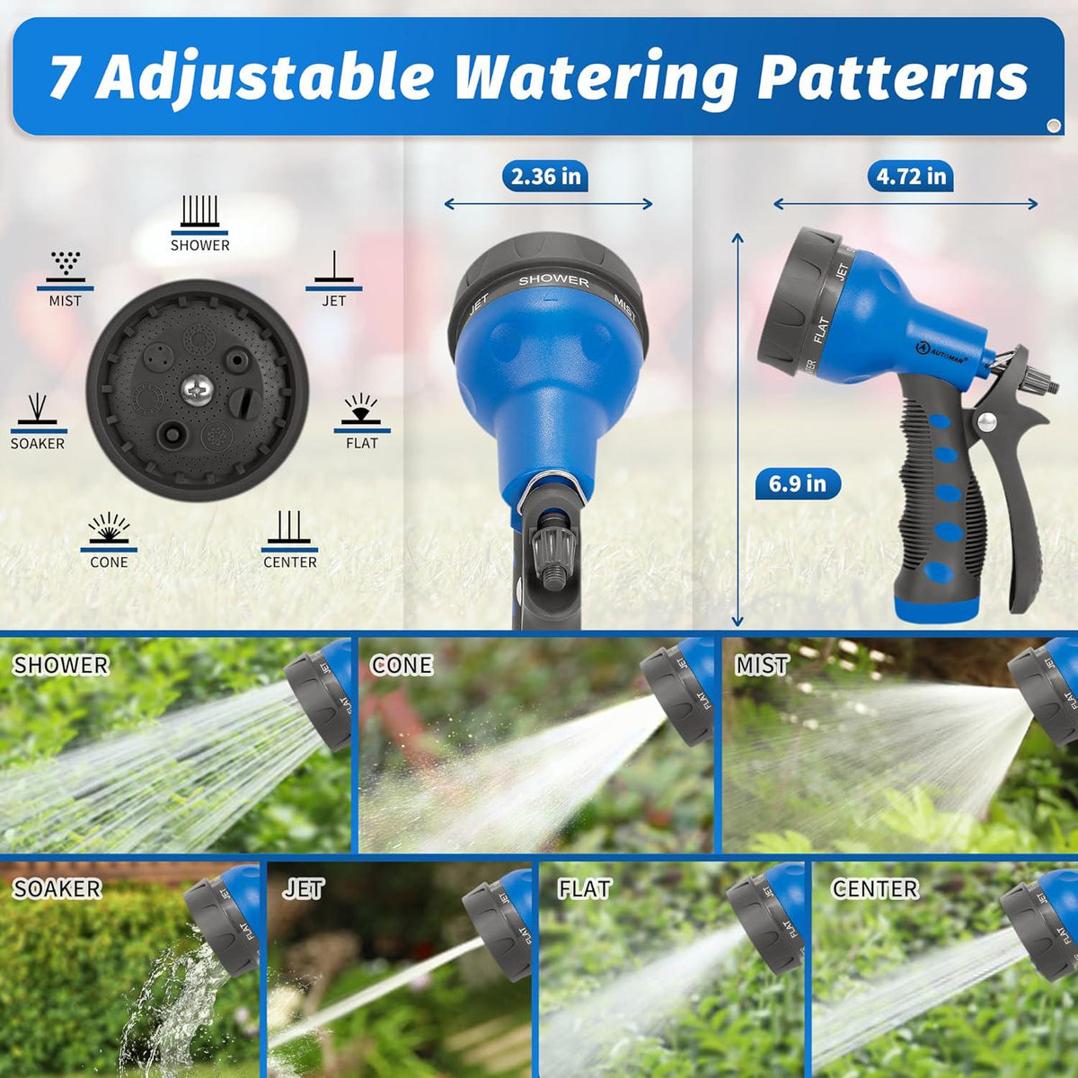 AUTOMAN-Garden-Hose-Nozzle,ABS Water Spray Nozzle With Heavy Duty 7 Adjustable Watering Patterns,Slip Resistant For Watering Plants,Lawn& Garden,Washing Cars,Cleaning,Showering Pets - Blue,