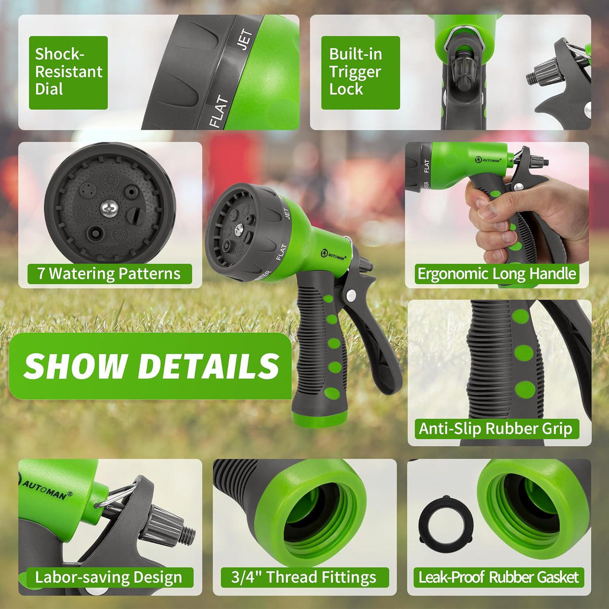 AUTOMAN-Garden-Hose-Nozzle,ABS Water Spray Nozzle With Heavy Duty 7 Adjustable Watering Patterns,Slip Resistant For Watering Plants,Lawn& Garden,Washing Cars,Cleaning,Showering Pets - Green,