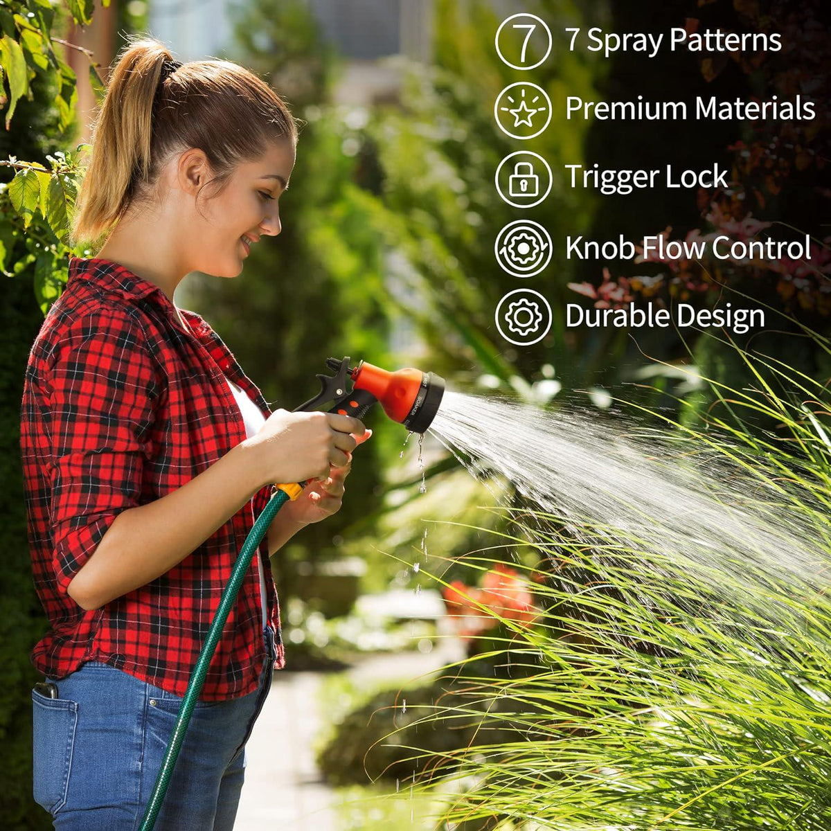 AUTOMAN-Garden-Hose-Nozzle,ABS Water Spray Nozzle With Heavy Duty 7 Adjustable Watering Patterns,Slip Resistant For Watering Plants,Lawn& Garden,Washing Cars,Cleaning,Showering Pets - Orange,