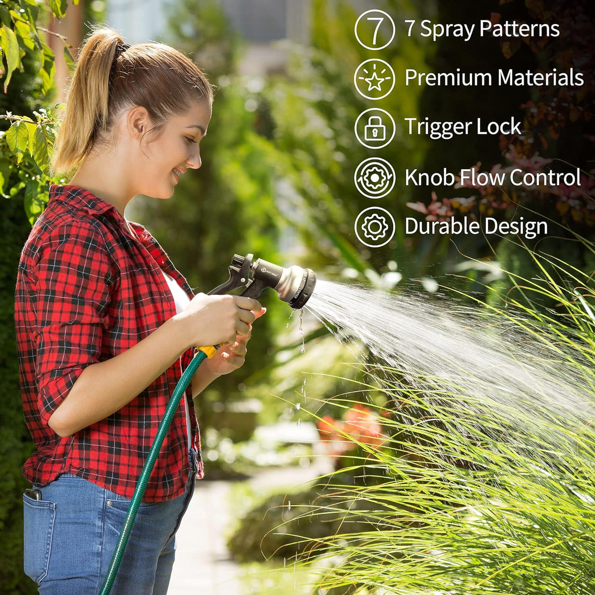 AUTOMAN-Garden-Hose-Nozzle, ABS Water Spray Nozzle, 7 Adjustable Watering Patterns, Slip Resistant For Watering Plants, Lawn& Garden, Washing Cars, Cleaning, Showering Pets And Outdoor Fun.Silver Color,