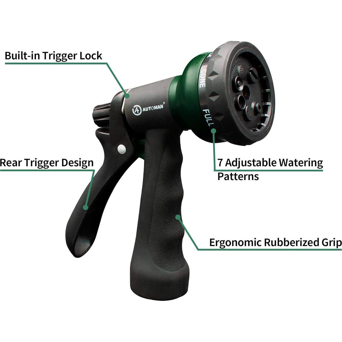 AUTOMAN-Garden-Hose-Nozzle, ABS Water Spray Nozzle With 7 Adjustable Watering Patterns, Slip Resistant For Watering Plants, Lawn& Garden, Washing Cars, Cleaning, Showering Pets And Outdoor Fun.,