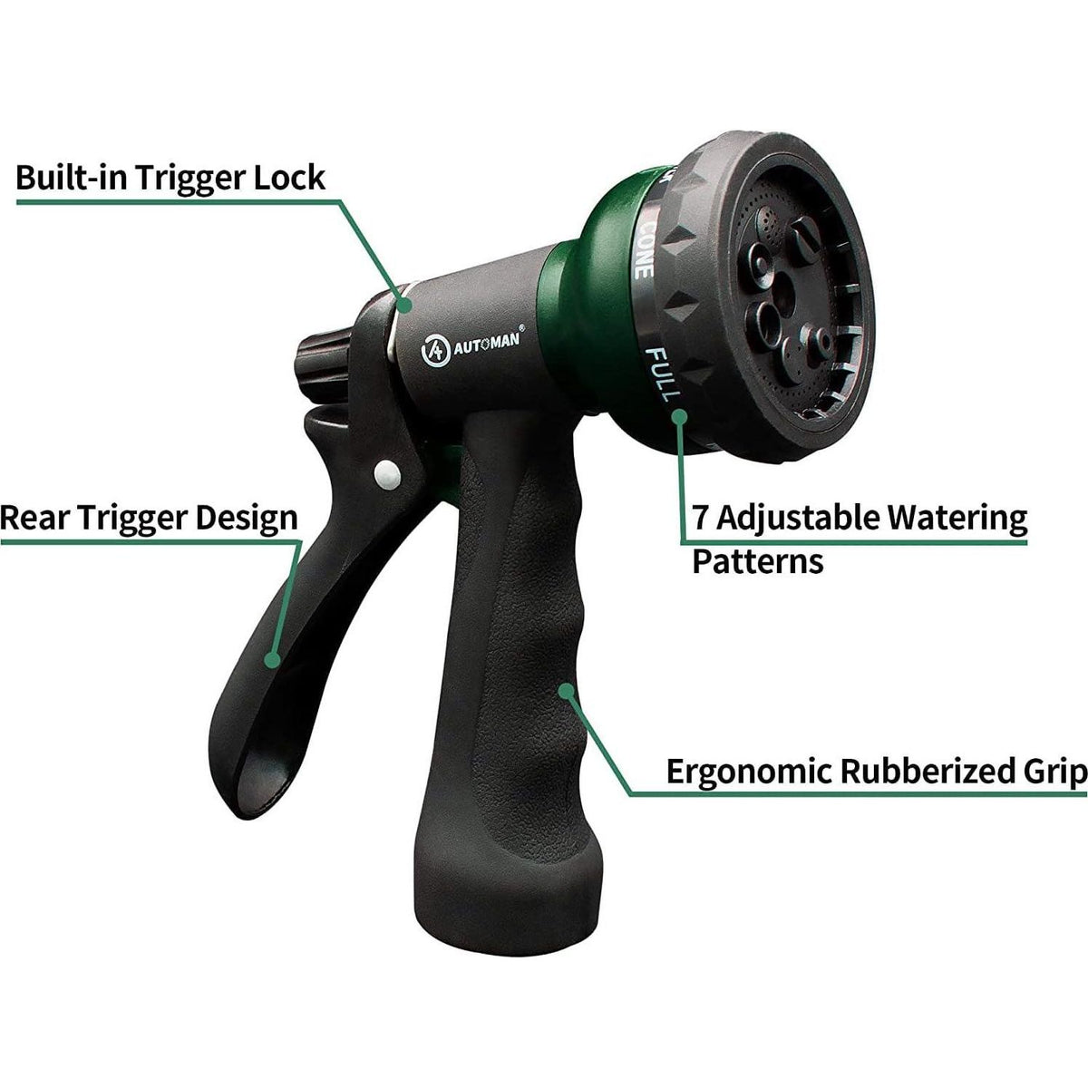 AUTOMAN-Garden-Hose-Nozzle-2PK,ABS Water Spray Nozzle With Heavy Duty 7 Adjustable Watering Patterns,Slip Resistant For Watering Plants,Lawn& Garden,Washing Cars,Cleaning,Showering Pets And Outdoor Fun,