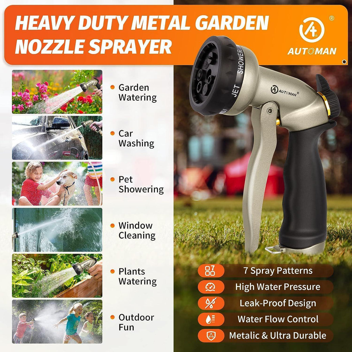 AUTOMAN Garden Hose Nozzle-7 Patterns Sprayer-2 Pack, Metal High Pressure Spray Nozzle, Heavy Duty Labor-Saving Design Water Hose Nozzle For Garden Watering, Car Washing, Window Cleaning, Pets Bathing,