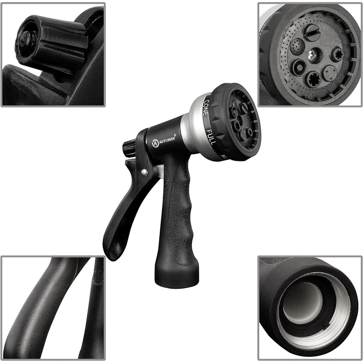 AUTOMAN-Garden-Hose-Nozzle, ABS Water Spray Nozzle, 7 Adjustable Watering Patterns, Slip Resistant For Watering Plants, Lawn& Garden, Washing Cars, Cleaning, Showering Pets And Outdoor Fun.Silver Color,